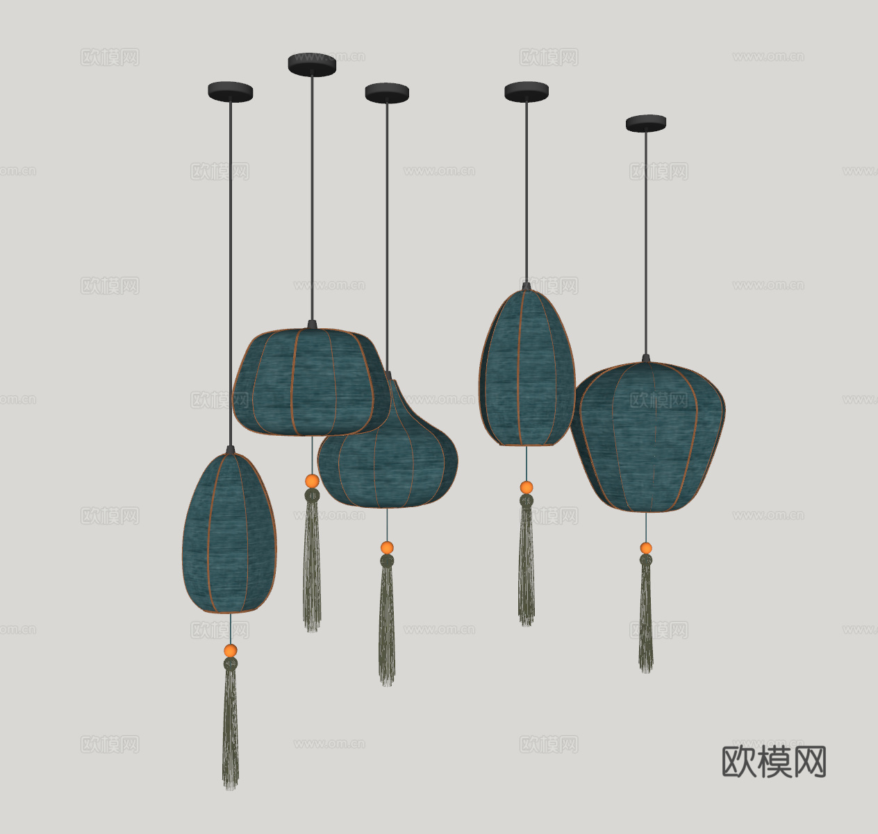 新中式布艺灯笼吊灯su模型下载
