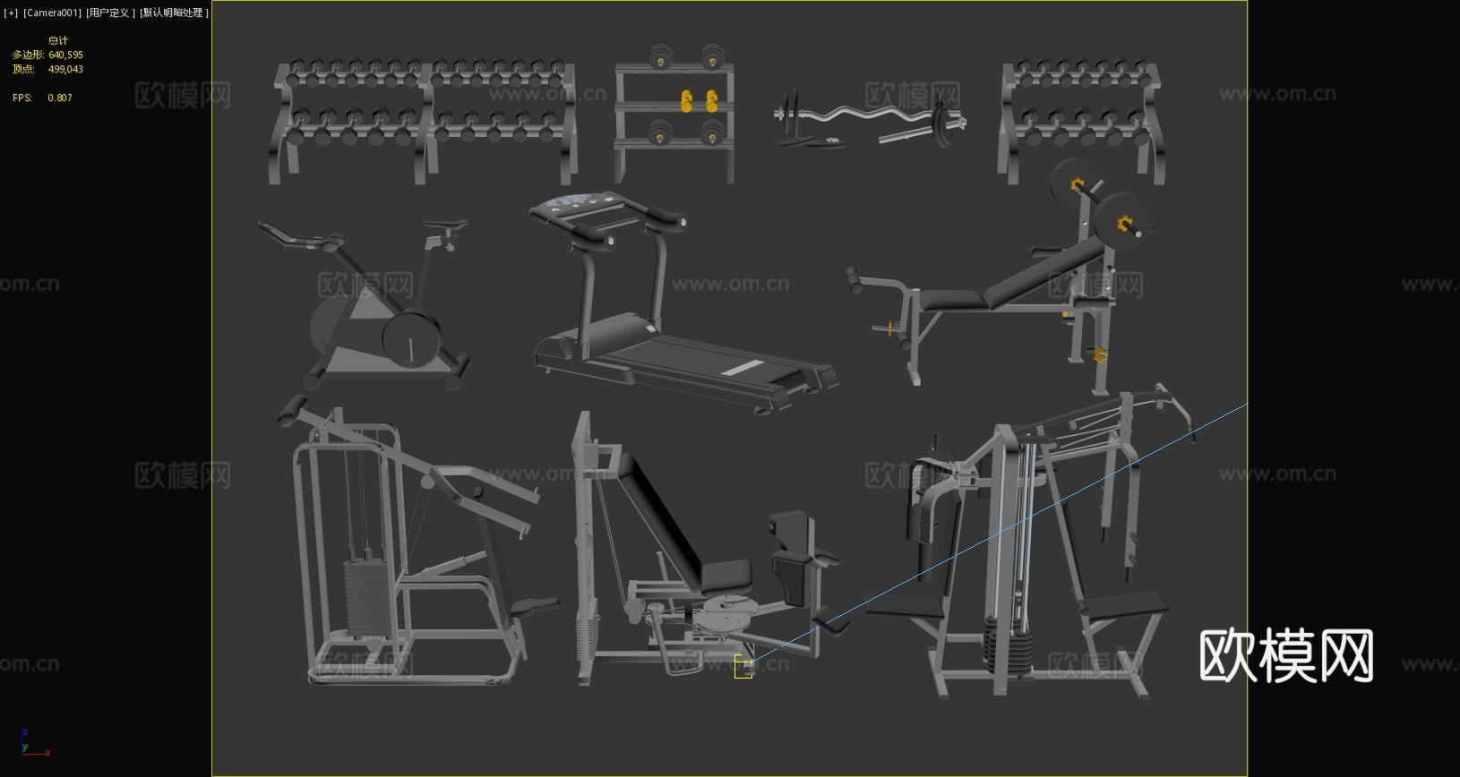 现代健身器材运动器材哑铃跑步机力量站3d模型