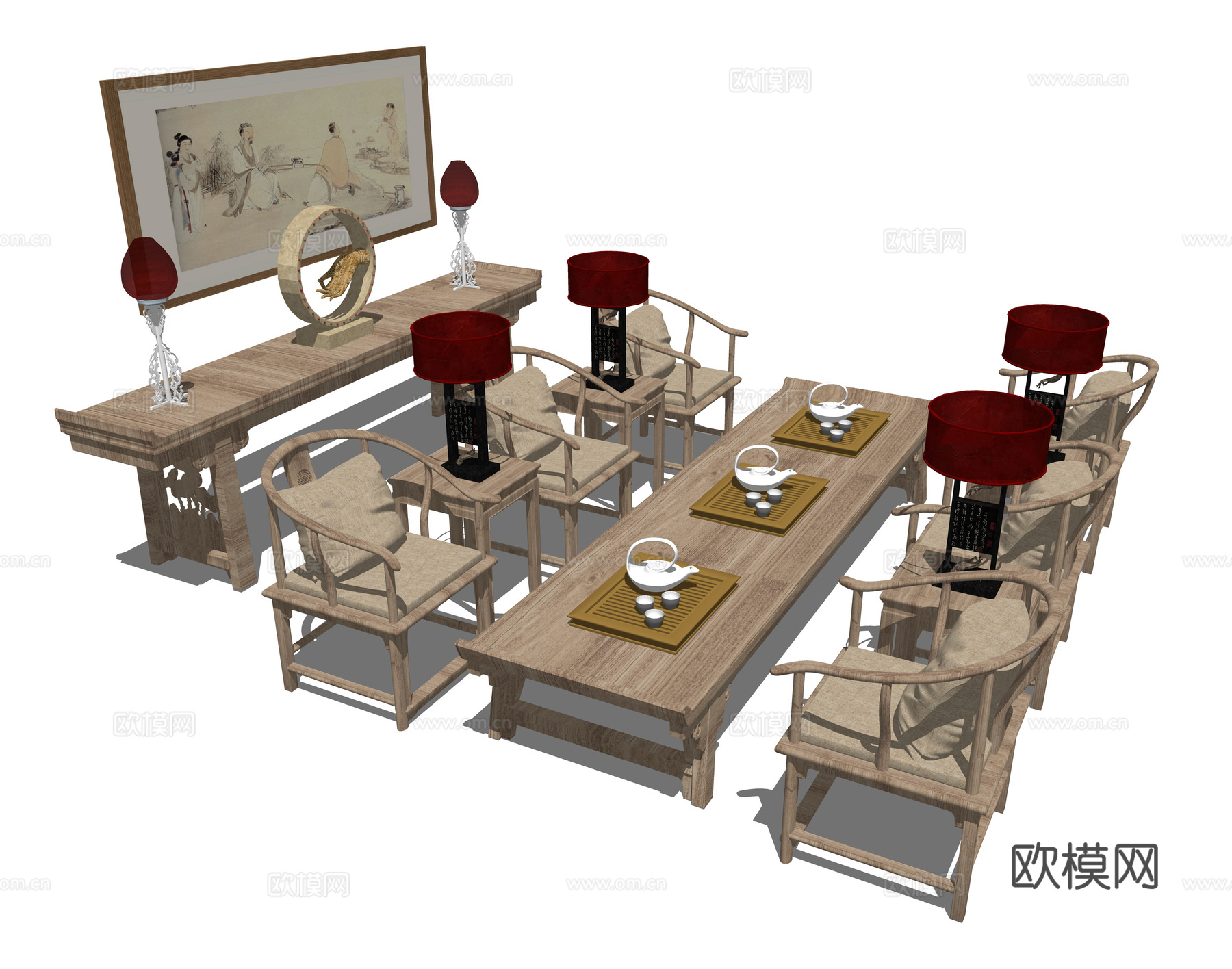 新中式实木茶桌椅su模型下载下载（渲染图2）