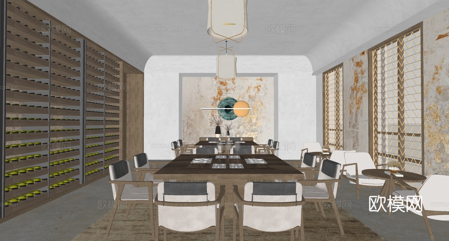 新中式餐厅su模型下载