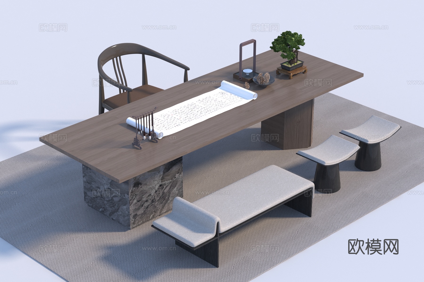新中式茶桌椅组合3d模型