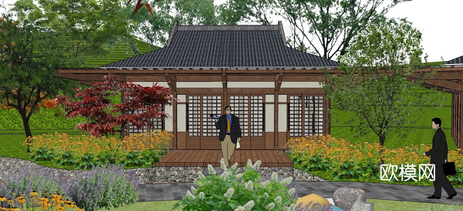 日式木屋外观su模型下载