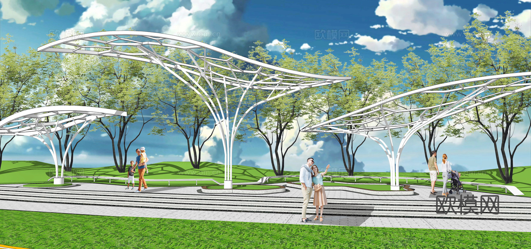 现代异形树叶景观廊架su模型下载