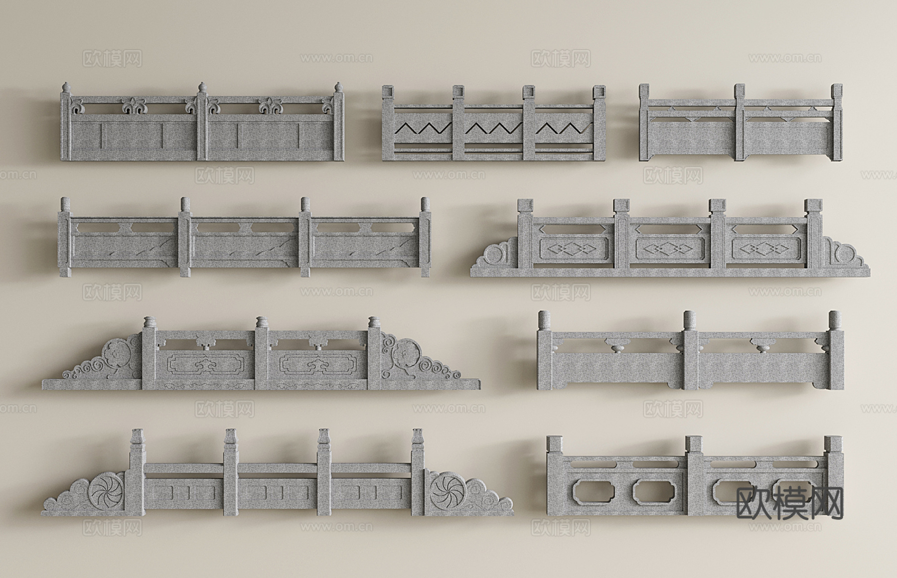 中式石材栏杆 护栏 围栏 汉白玉雕花栏杆 石桥栏杆造型3d模型