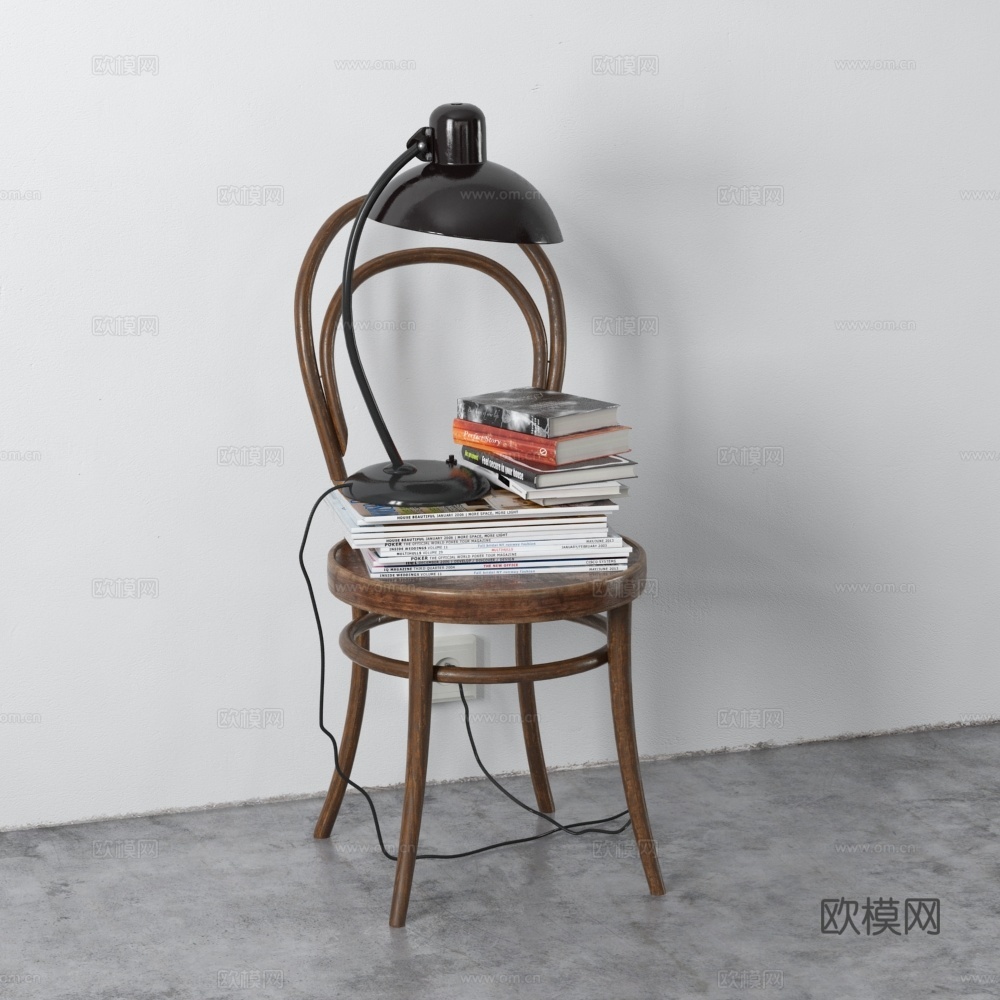 现代陈设饰品 书籍 台灯 木椅3d模型