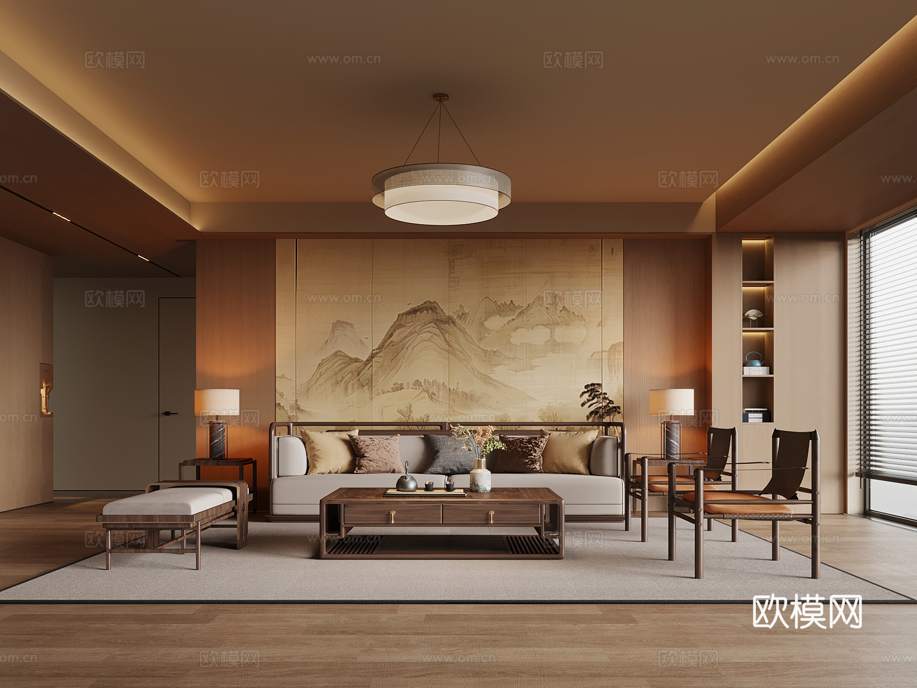 新中式客厅 沙发茶几组合3d模型