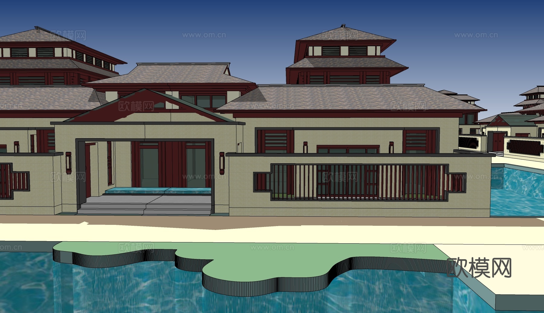 中式古建筑外观su模型下载