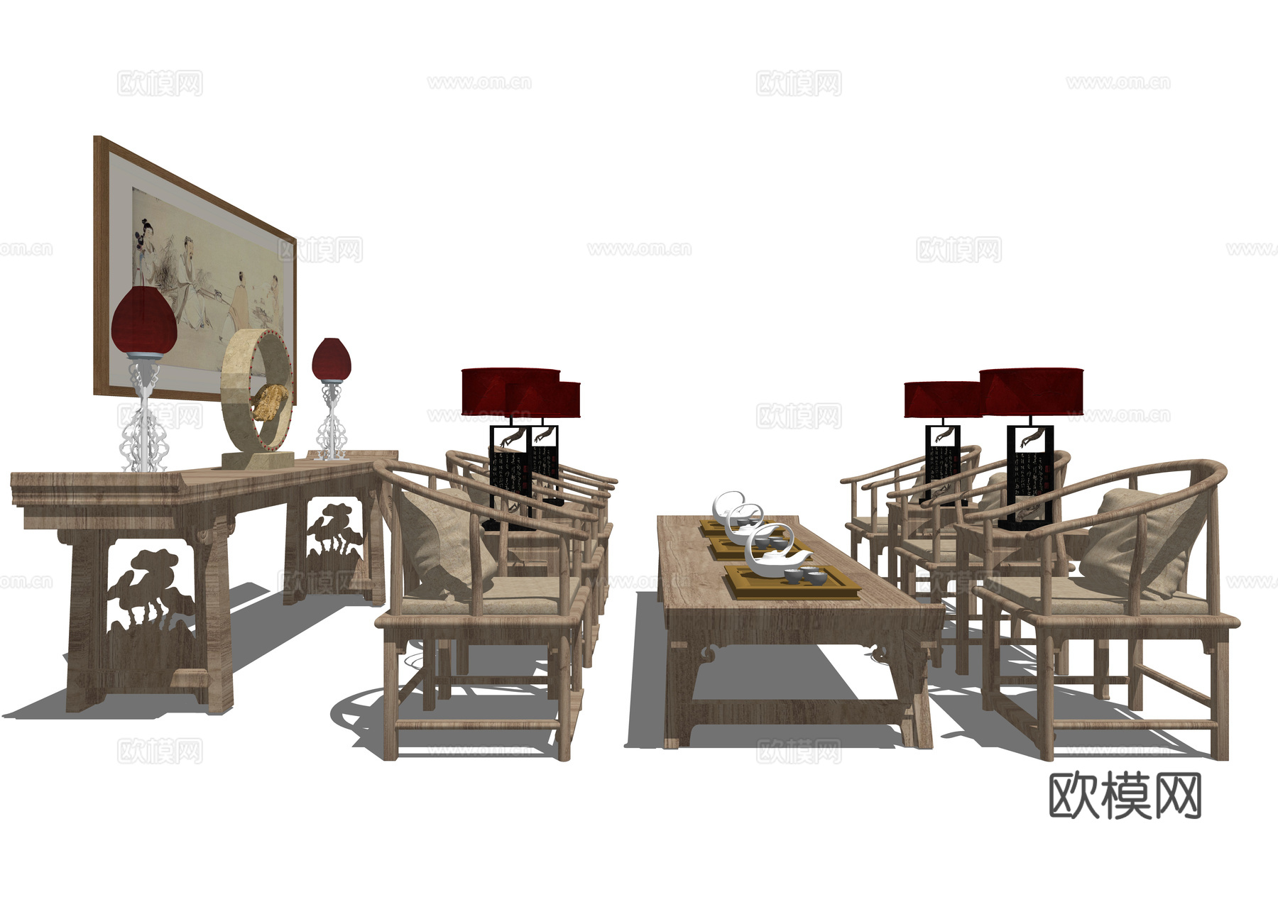 新中式实木茶桌椅su模型下载下载（渲染图1）