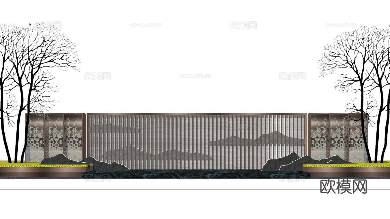 新中式景观墙su模型下载