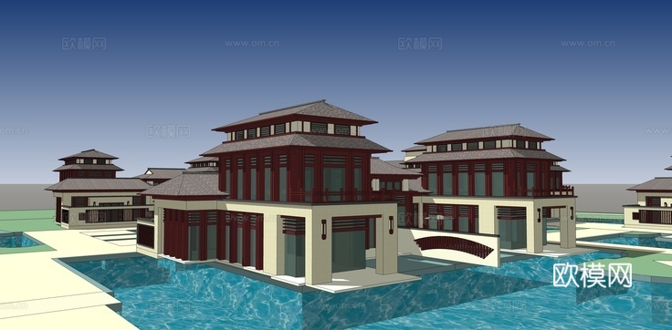 中式古建筑外观su模型下载