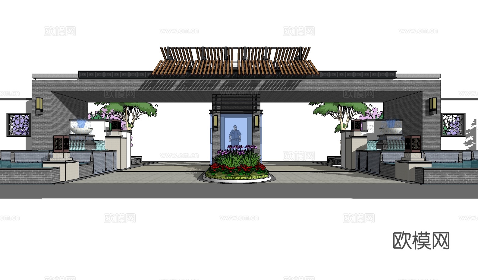 新中式小区入口su模型下载