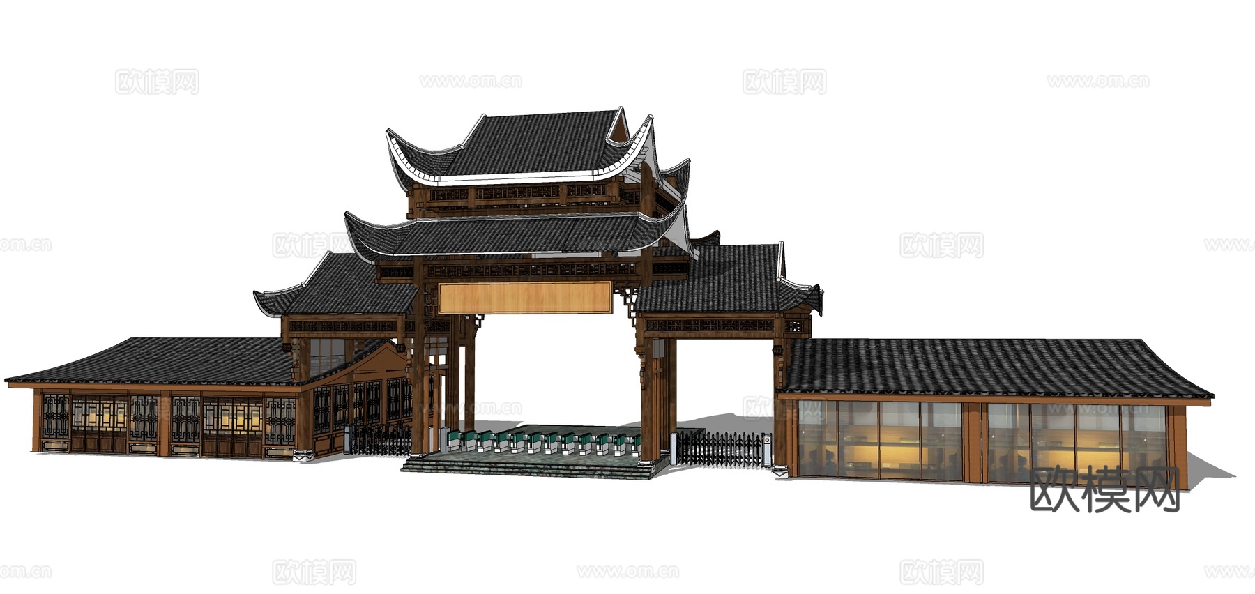 新中式景区大门门头su模型下载