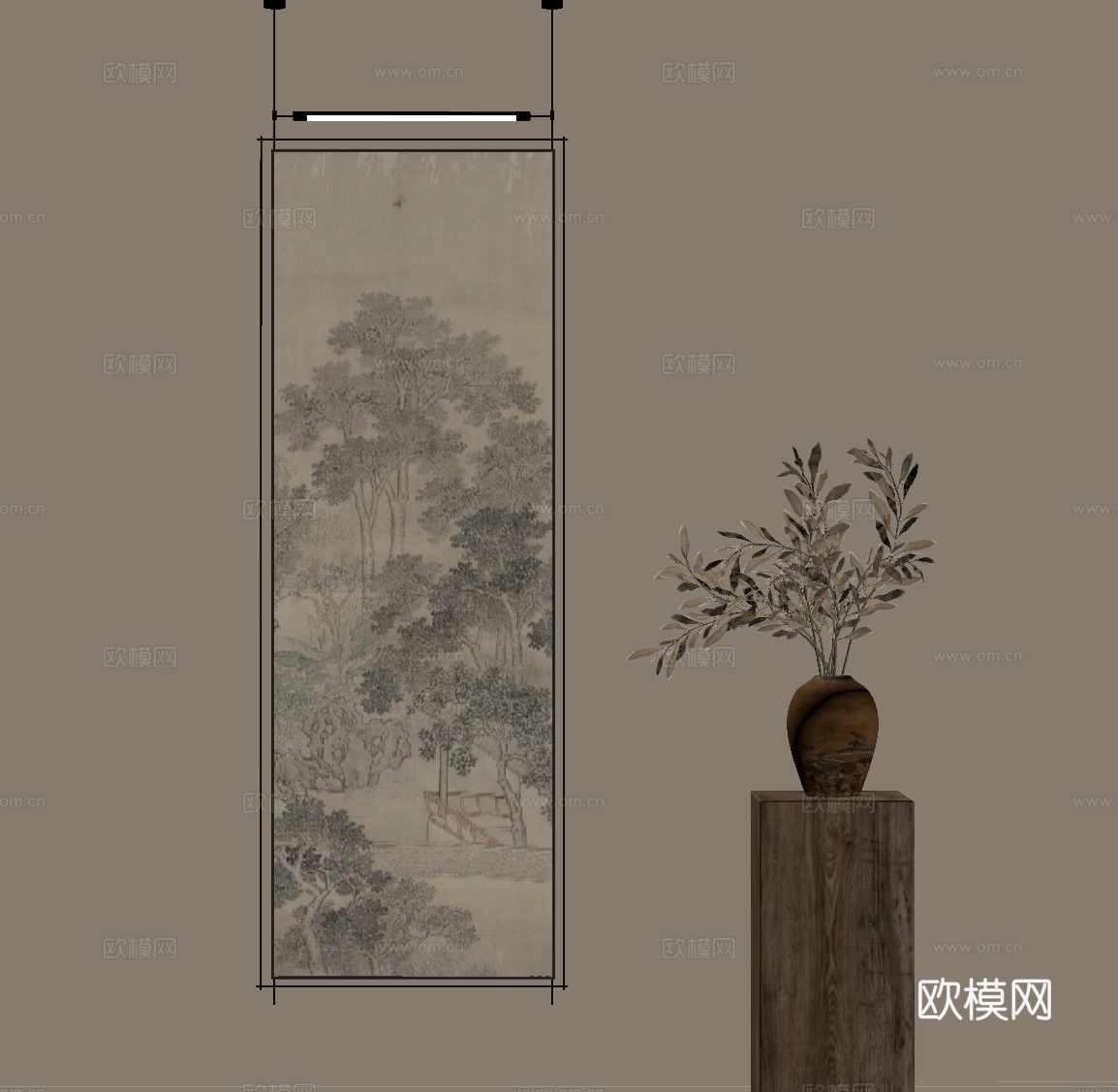 中古风装饰画 挂画 花艺盆景su模型