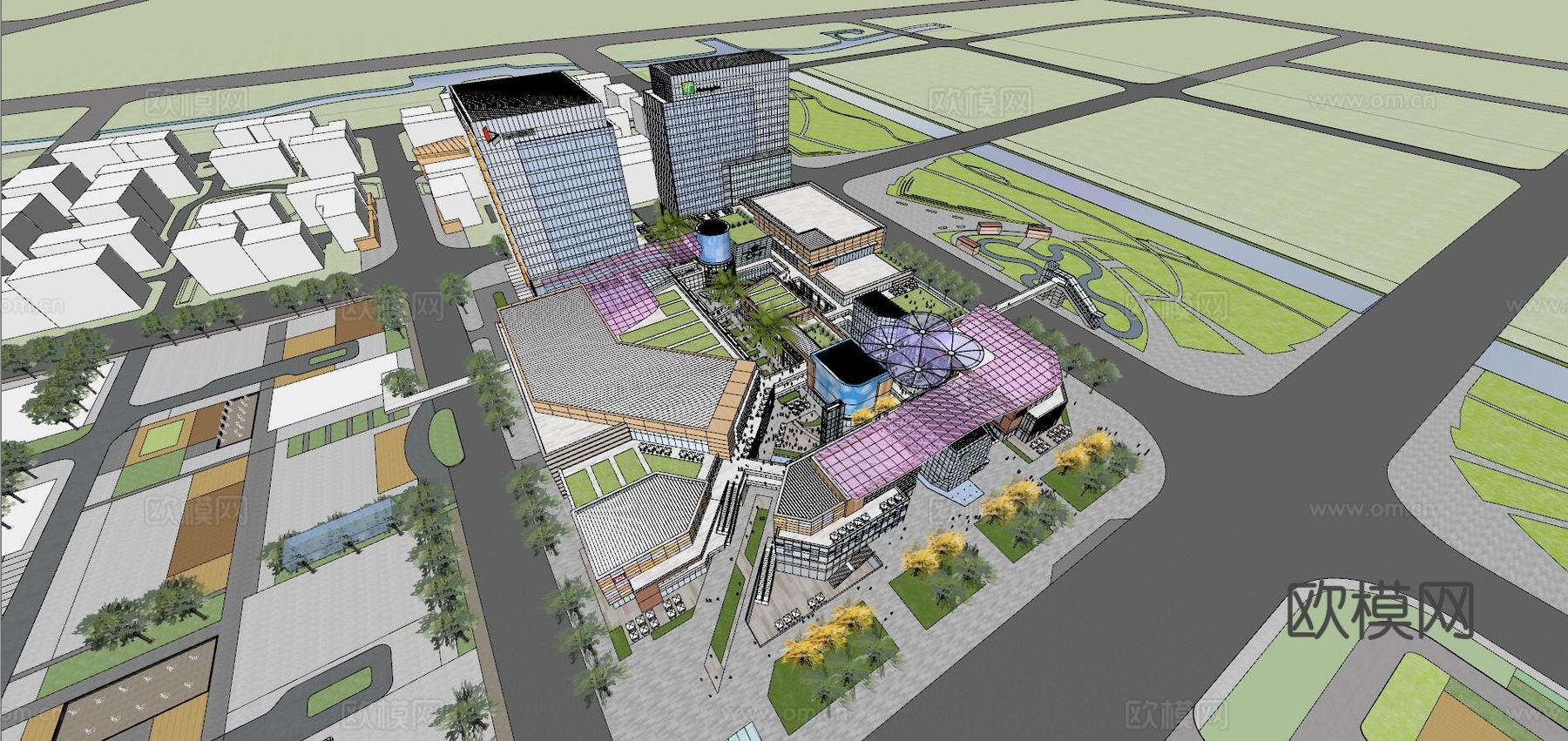 现代商业街su模型下载下载（渲染图1）