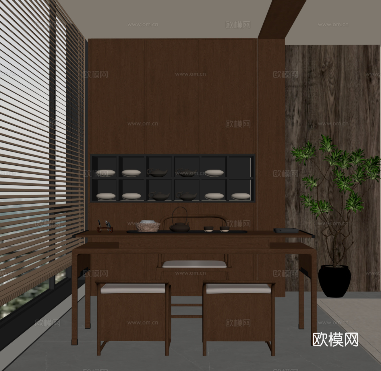 新中式书桌椅su模型