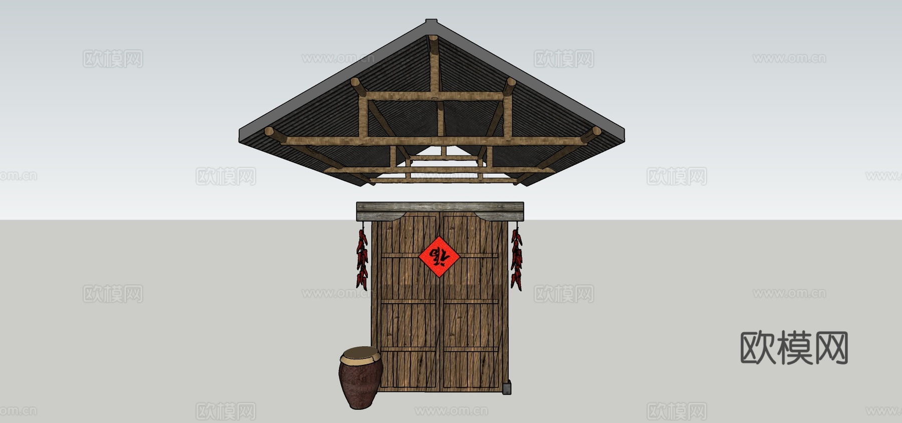 中式屋檐木门su模型下载