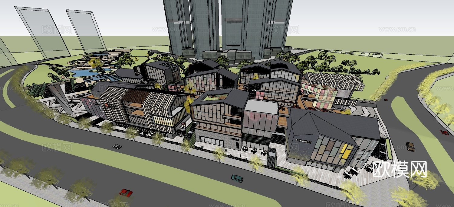 新中式沿街商业建筑su模型下载