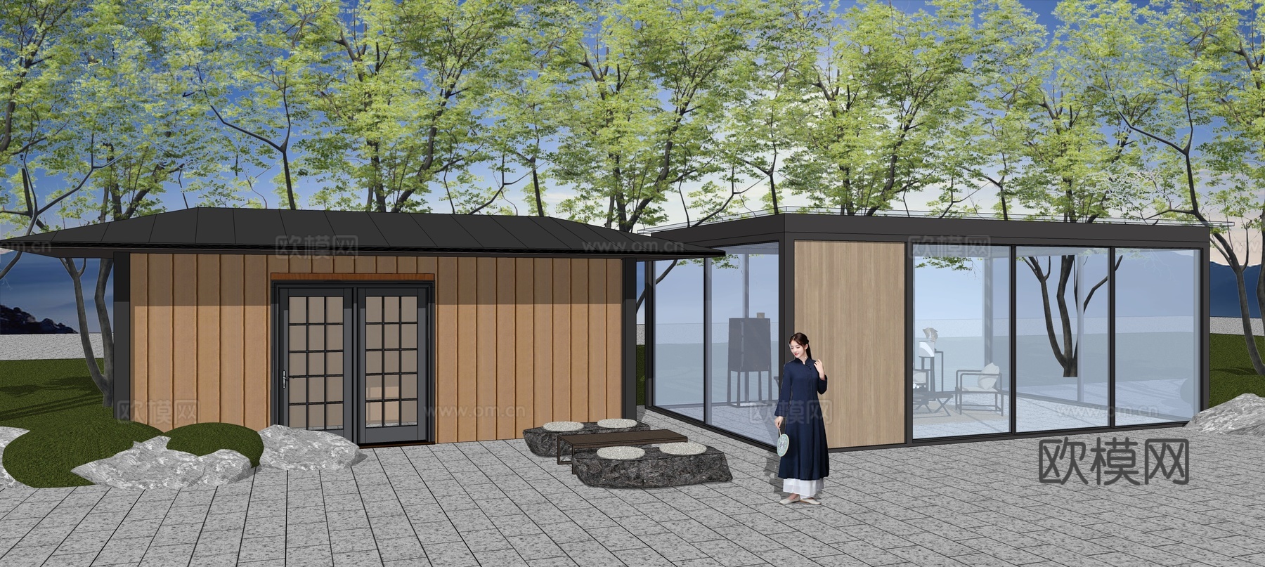 现代庭院景观廊架su模型下载