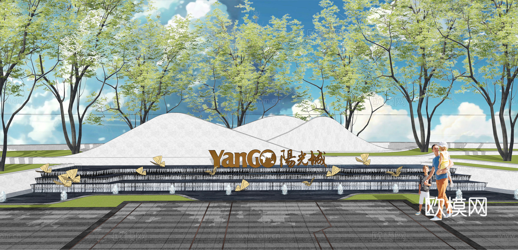 现代山形景墙跌水景观小品su模型下载