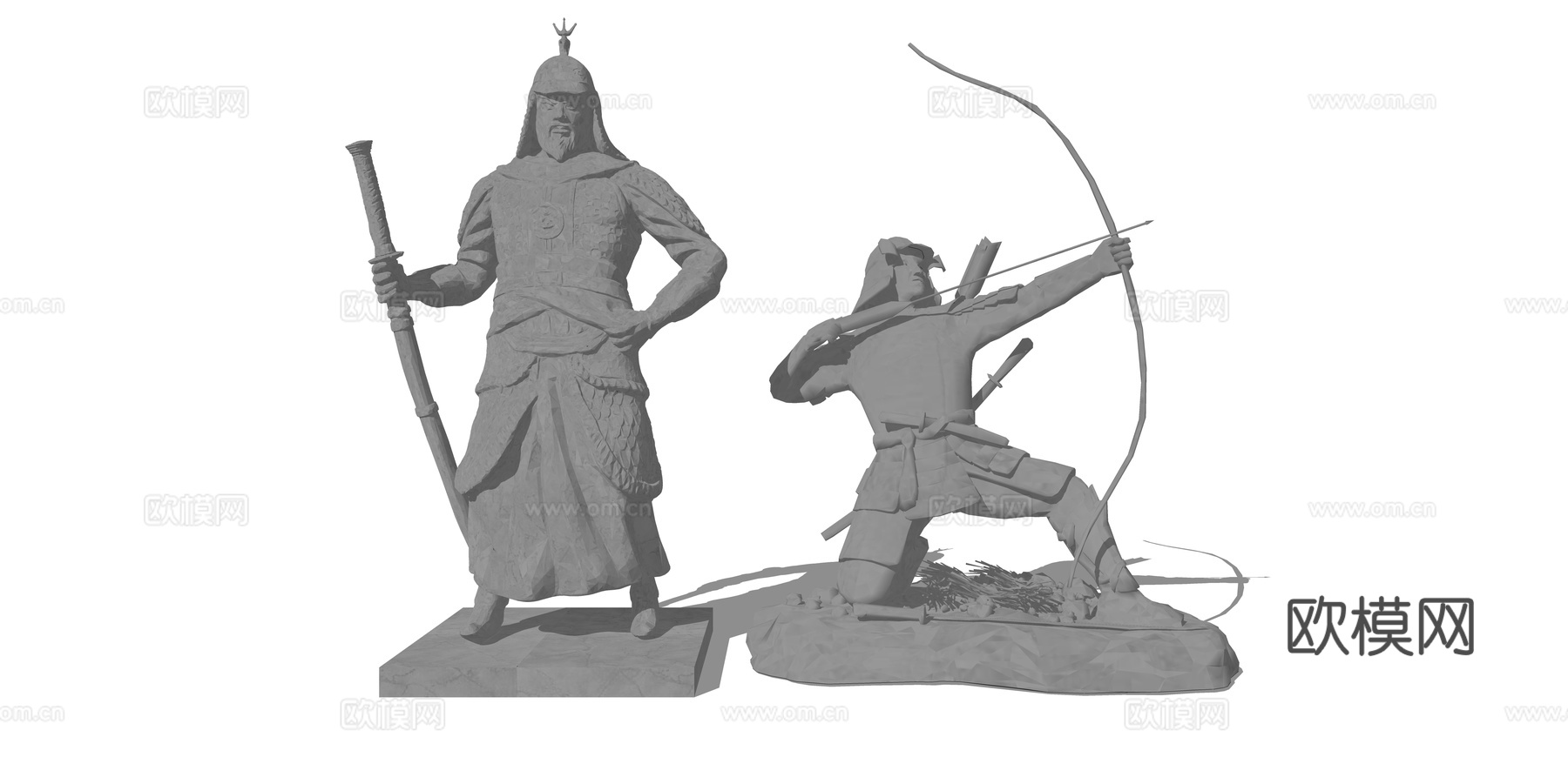 中式古代将士雕塑小品su模型下载