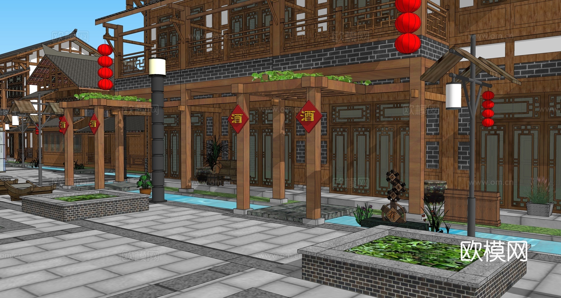中式古建商业街su模型下载