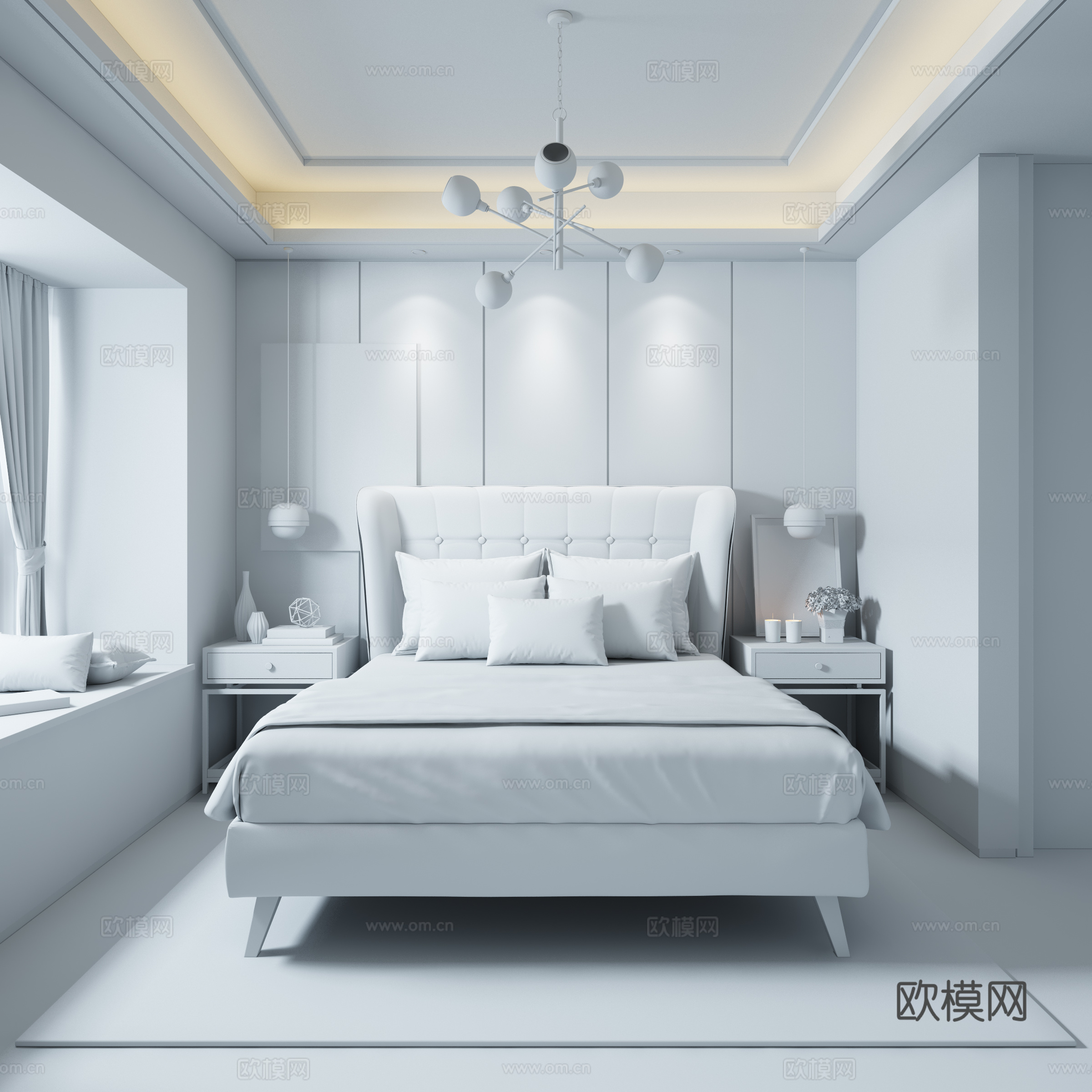 现代时尚轻奢卧室样板间 双人床 单人床 床 床头柜 吊灯3d模型