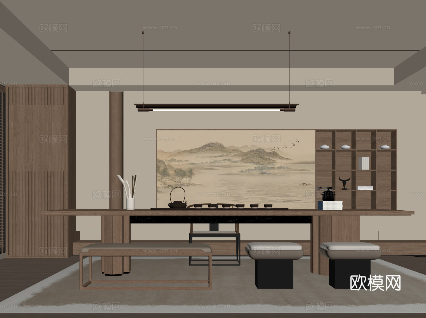 新中式茶室 茶台 茶桌椅su模型