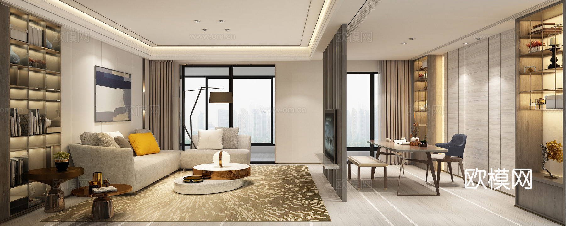 现代客餐厅 沙发 茶几 书架 灯 厨房 餐桌 装饰画3d模型
