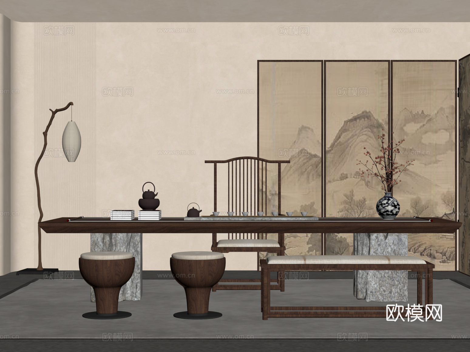 新中式茶室 茶桌椅 茶台 屏风su模型