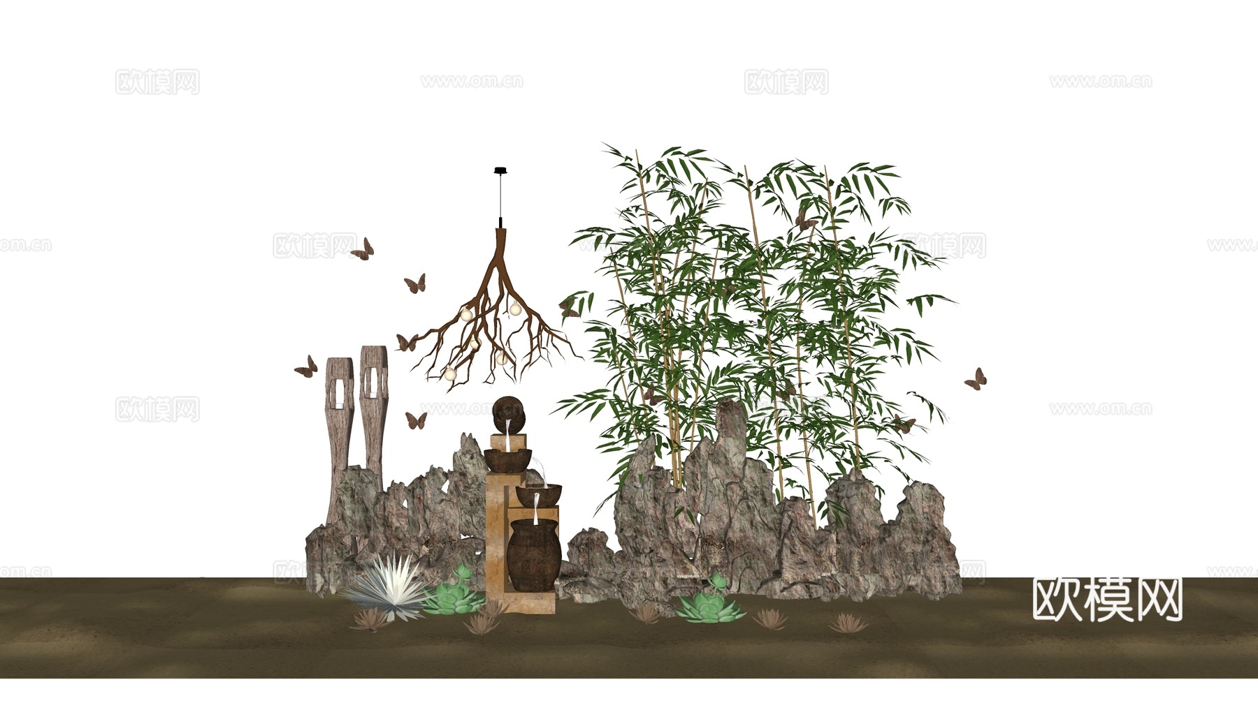 新中式流水景观小品su模型下载