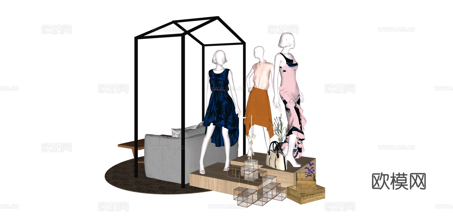 现代服装展示架su模型下载