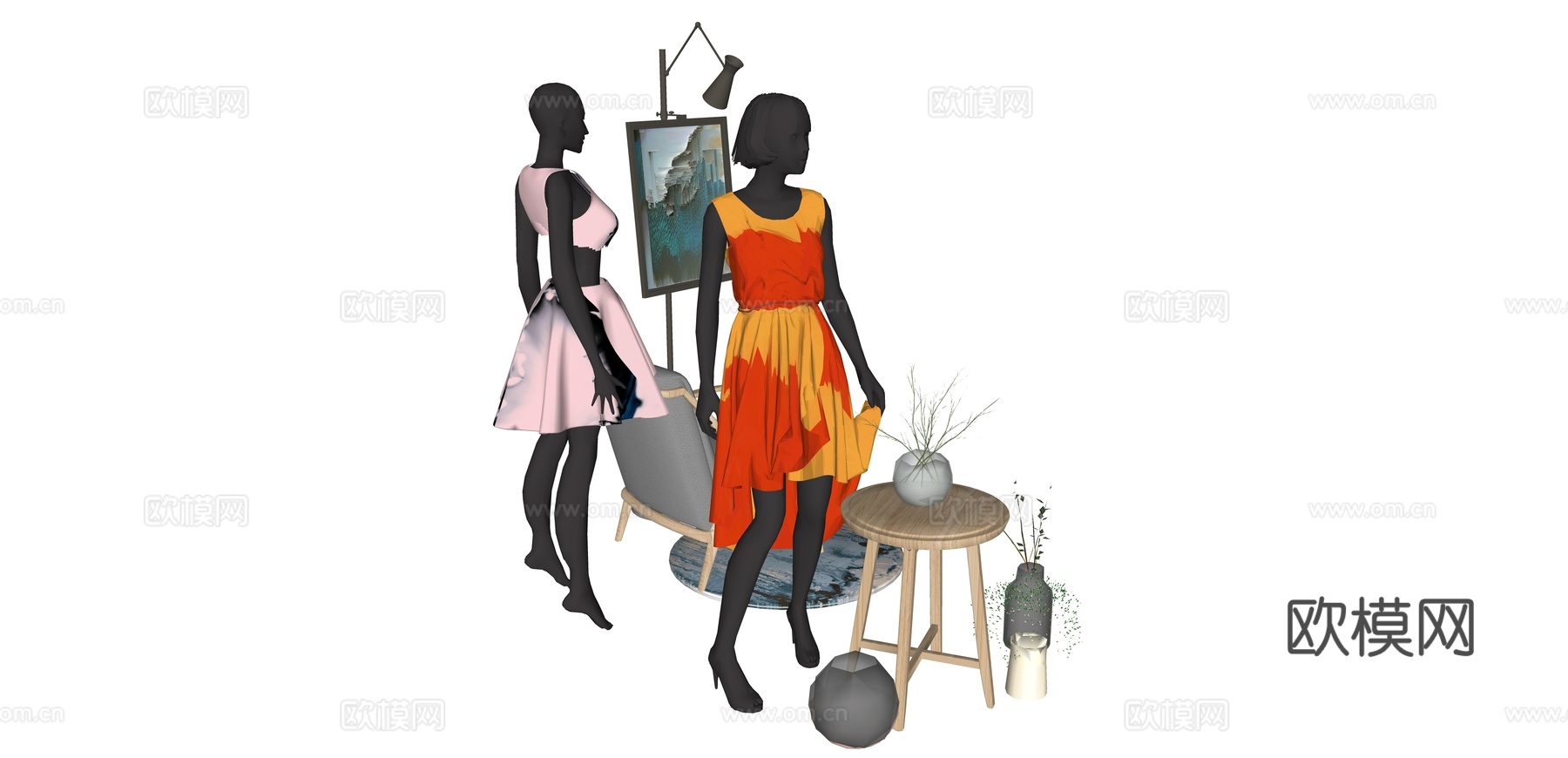 现代服装模特人物su模型下载