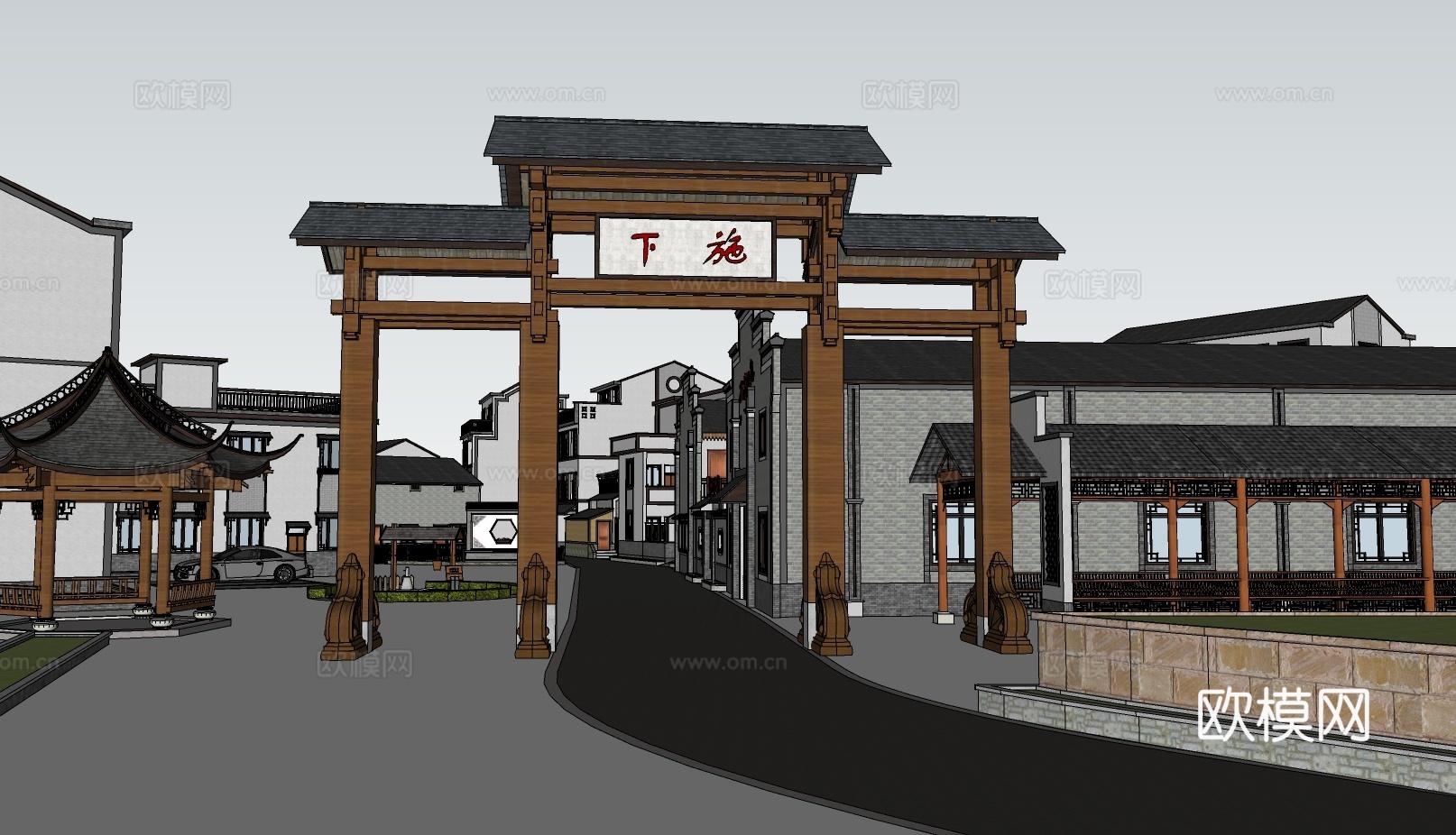 中式茶馆建筑外观su模型下载