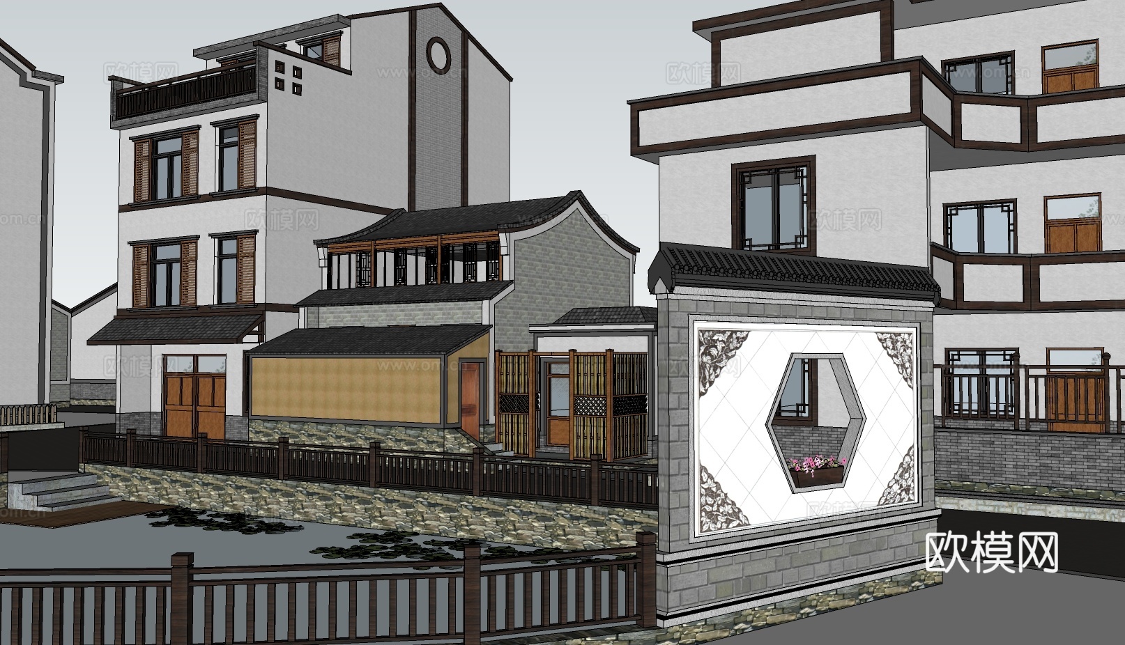 中式茶馆建筑外观su模型下载