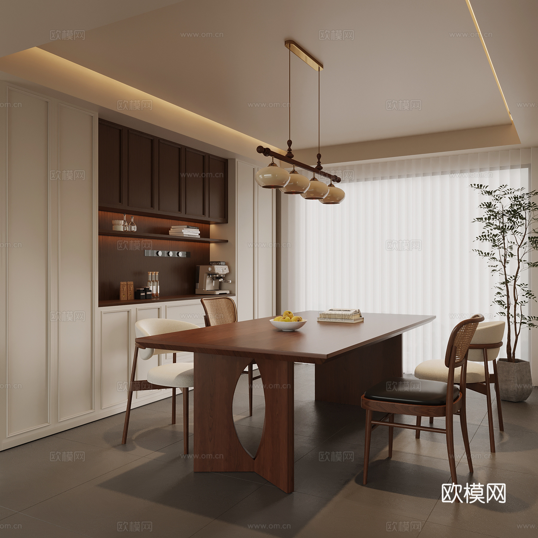 中古风餐厅 餐桌椅 酒柜3d模型