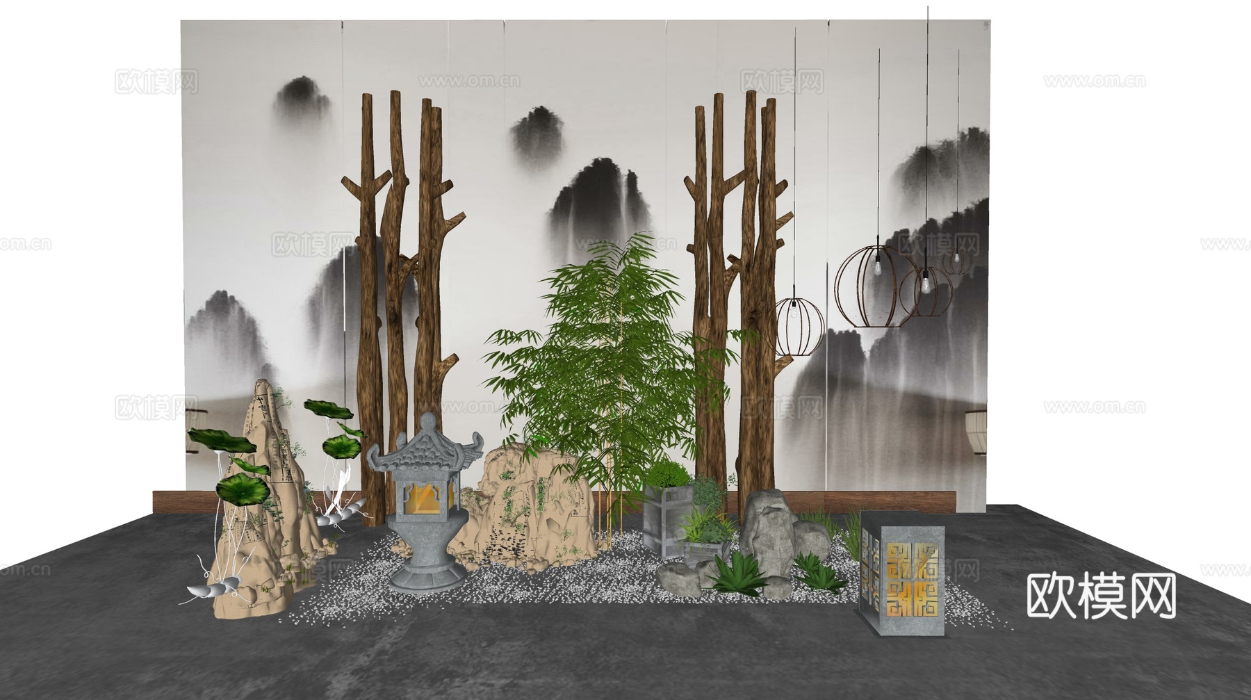 新中式假山石头绿植景观小品su模型下载