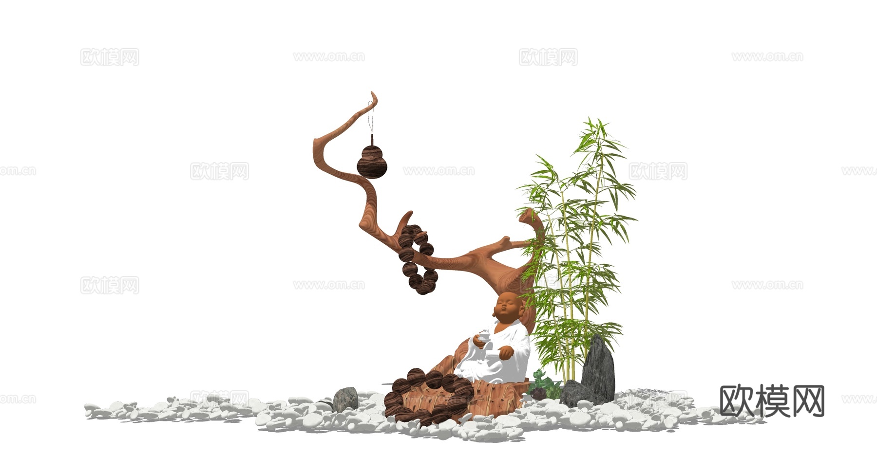新中式枯树佛像假石景观小品su模型下载