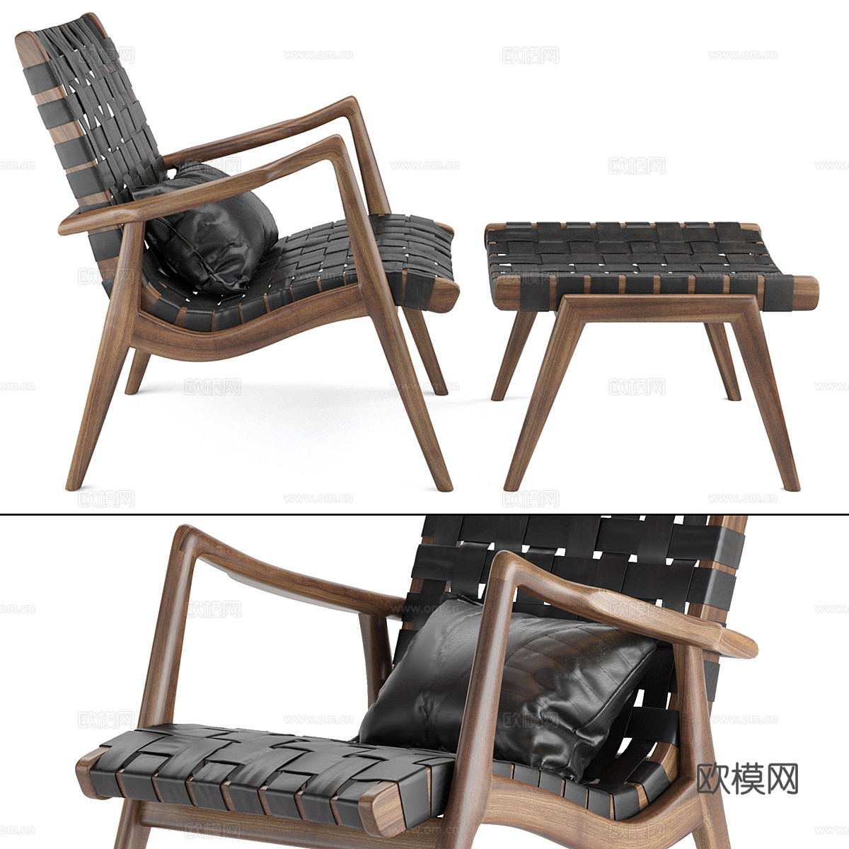 现代意式皮革藤编木质休闲椅3d模型