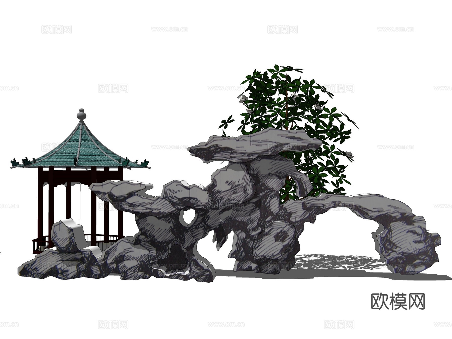 新中式假山凉亭景观小品su模型下载