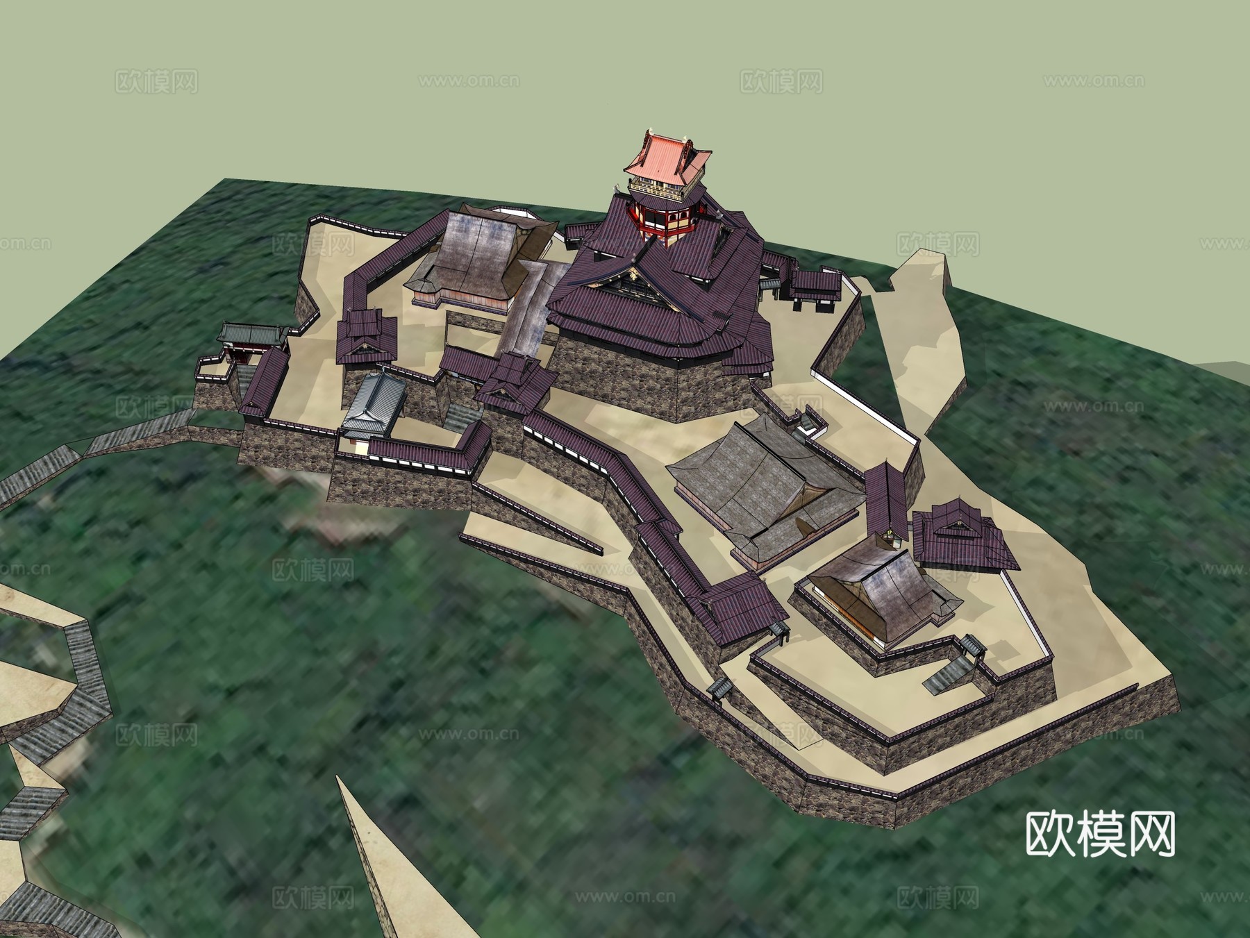 中式古建寺庙鸟瞰su模型下载