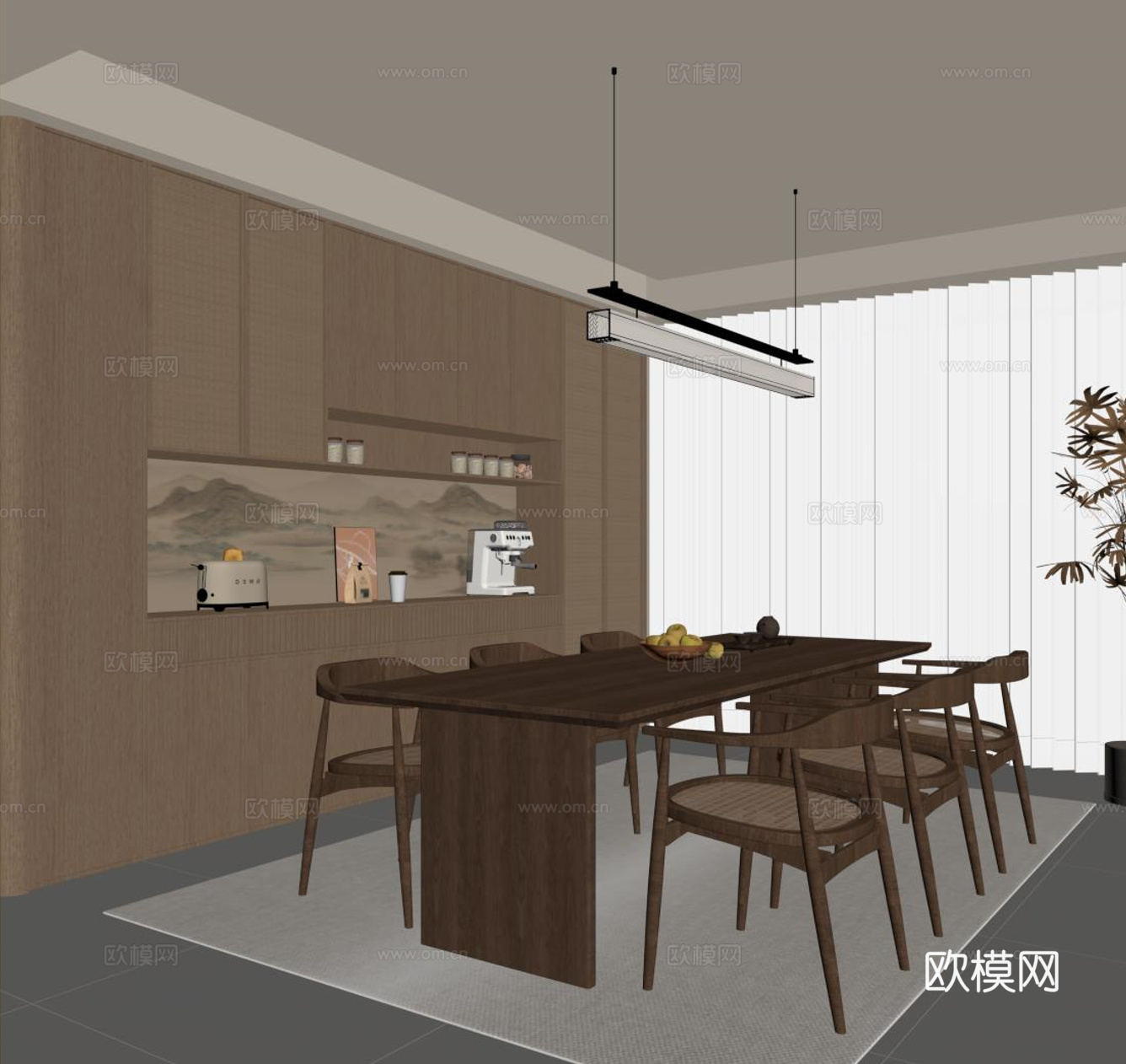 新中式餐厅 餐桌椅 酒柜su模型