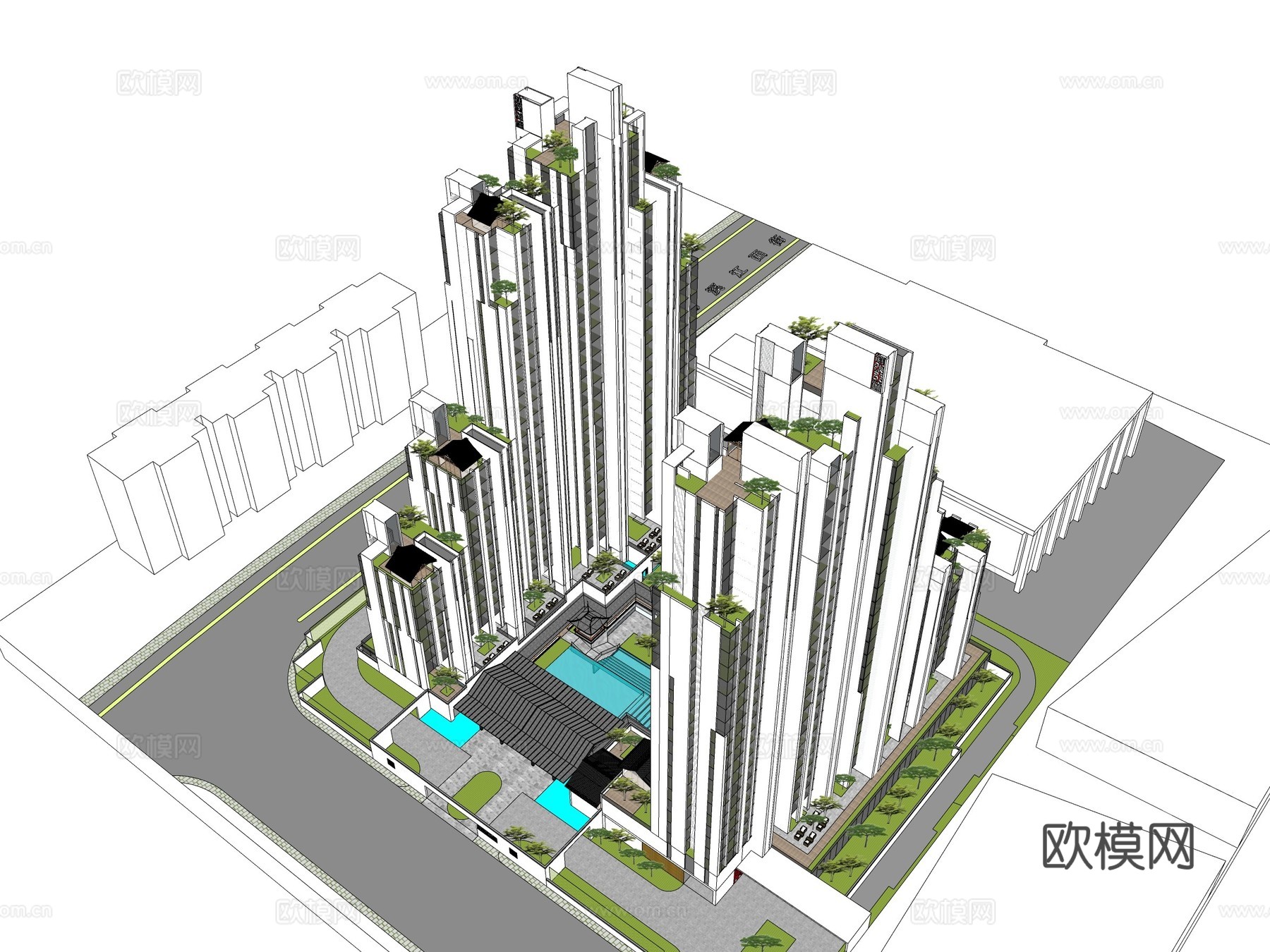 新中式高层住宅楼外观su模型下载