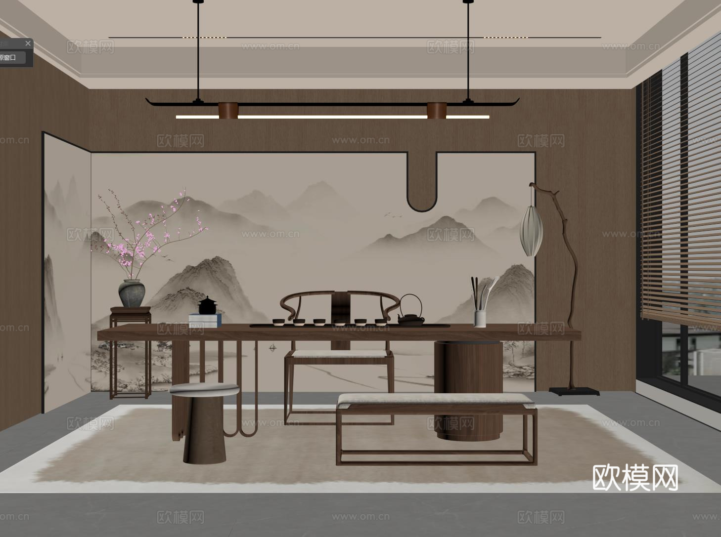 新中式茶室 茶台 茶桌椅su模型
