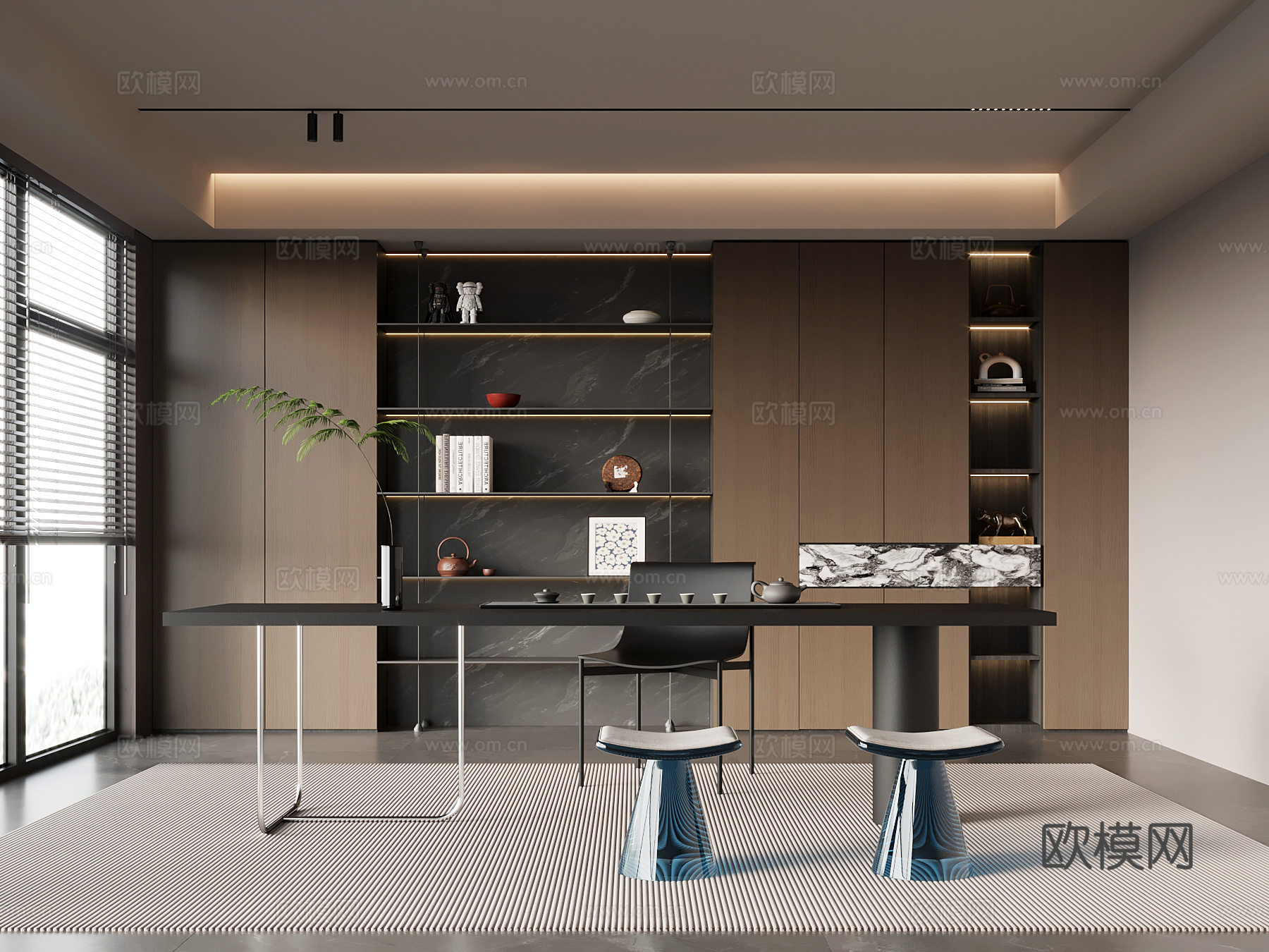 茶室 现代意式茶室 茶桌椅 书柜 茶柜3d模型