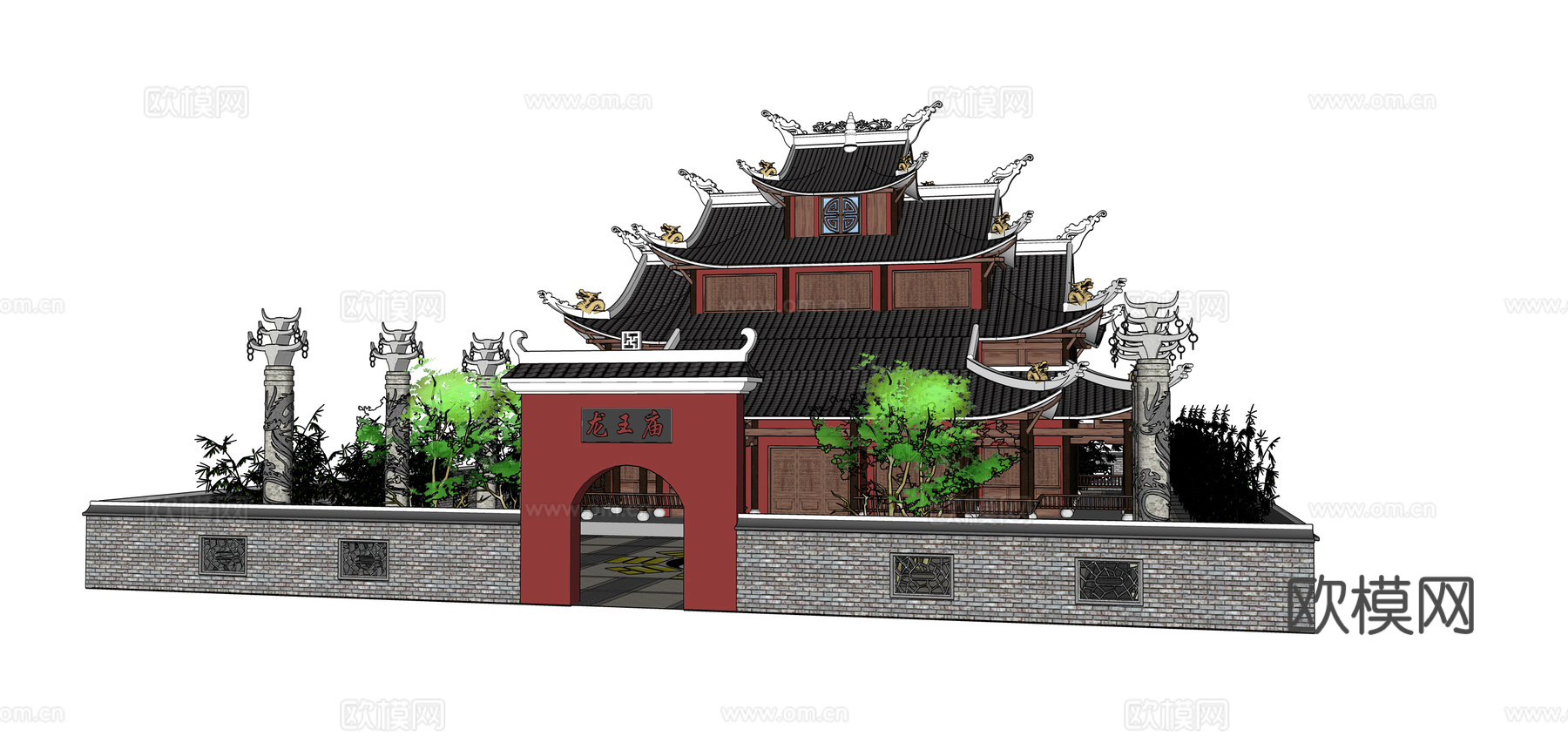 中式古建龙王庙su模型下载
