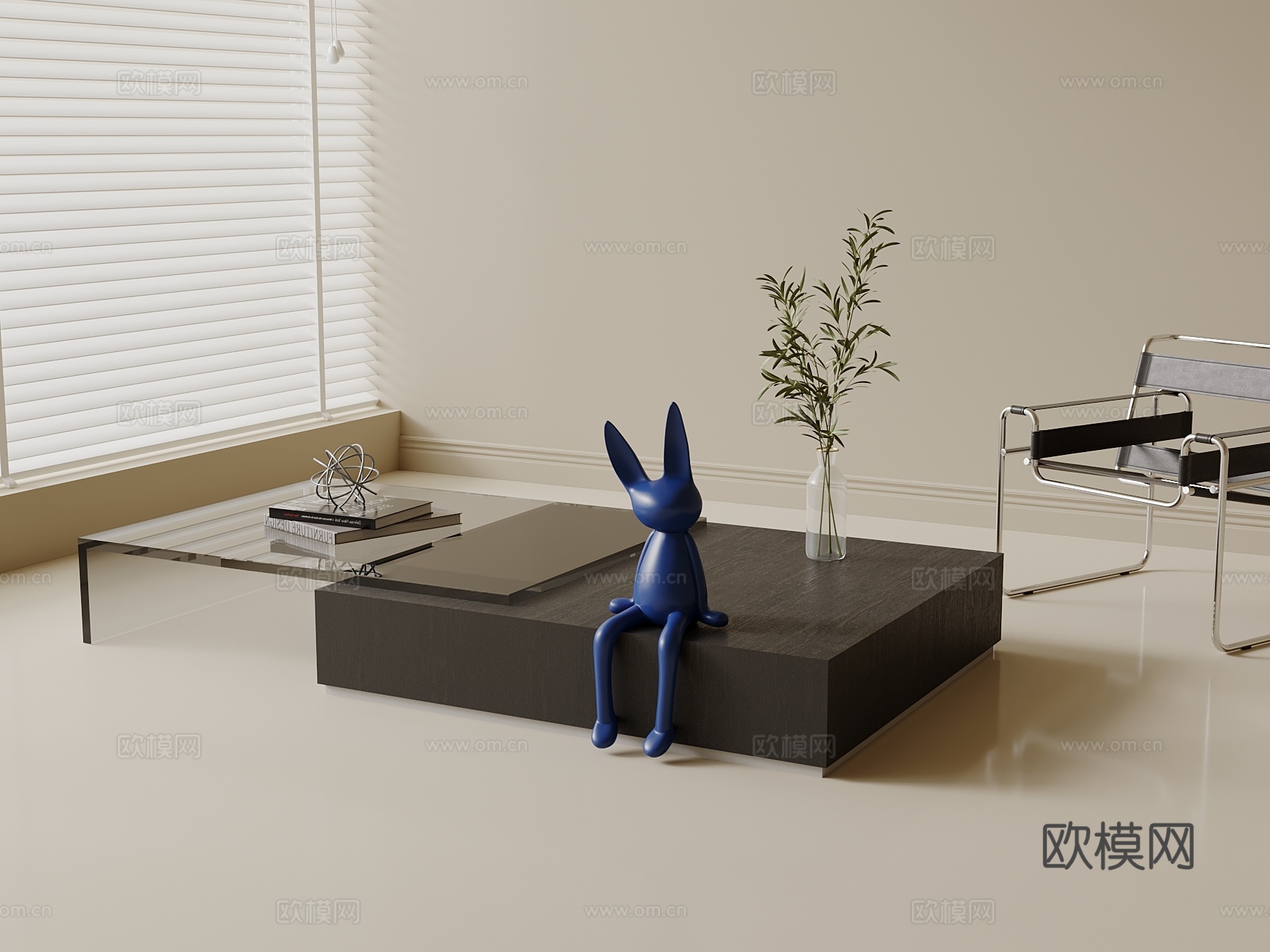 意式玻璃茶几 木纹茶几 不锈钢休闲椅3d模型