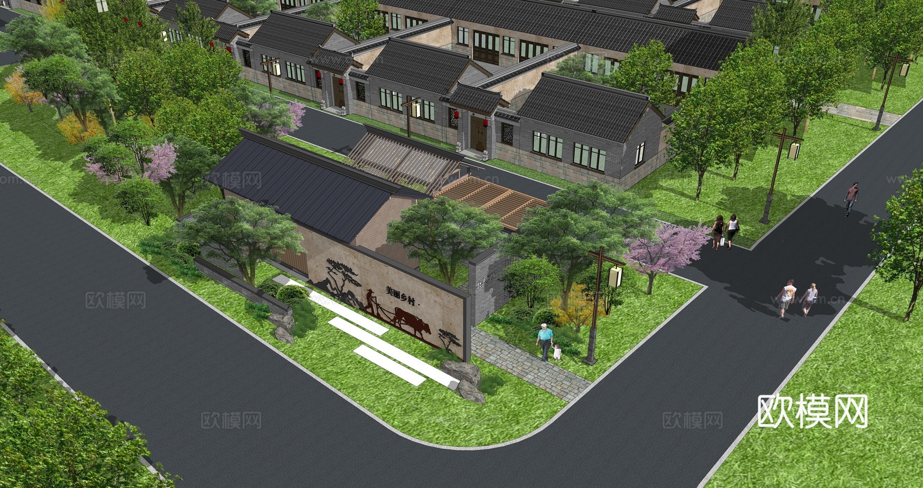 新中式新农村住宅小区su模型下载