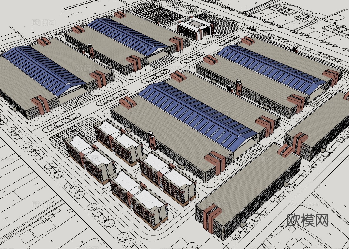 现代工业园建筑外观su模型下载