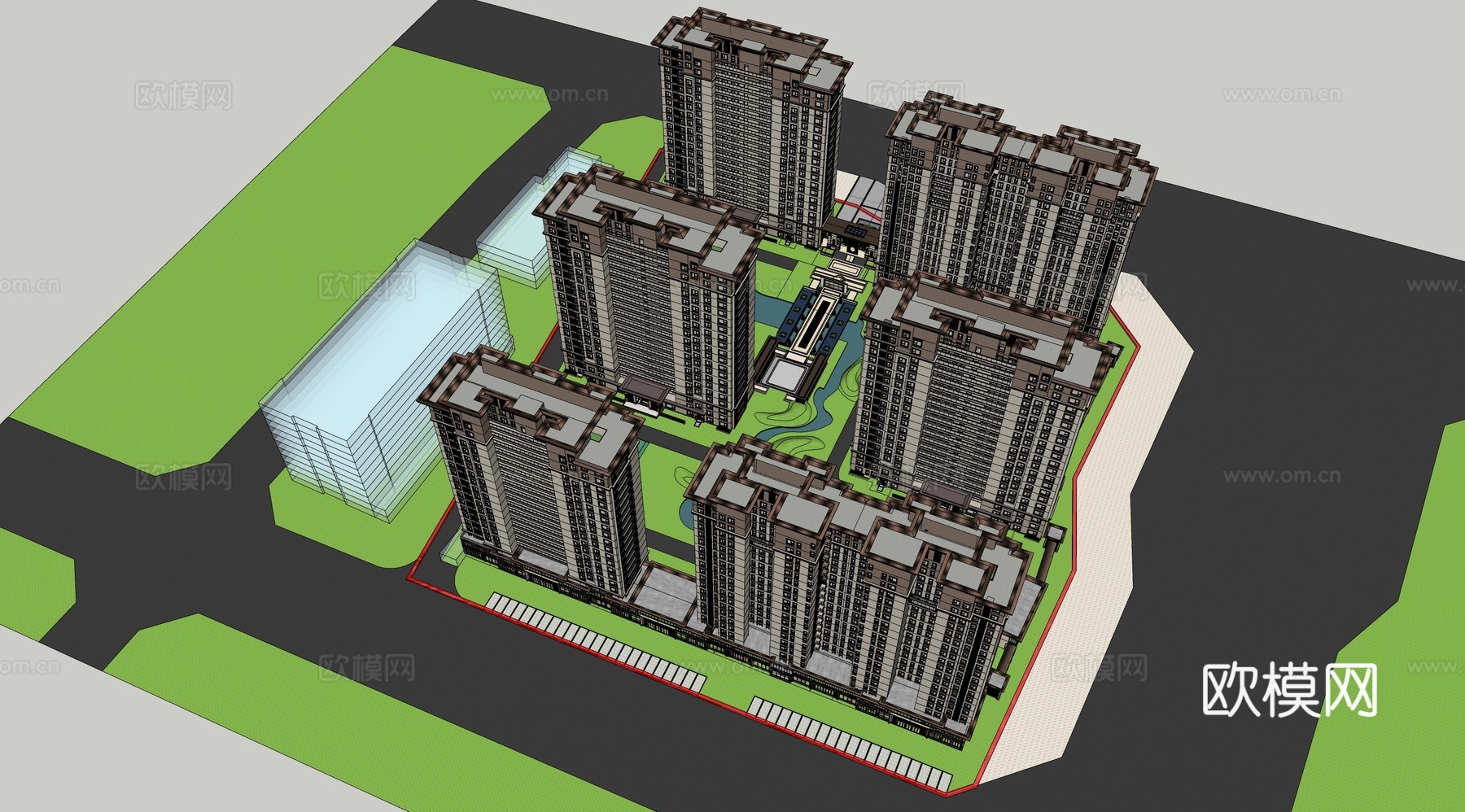 新中式小区建筑外观su模型下载
