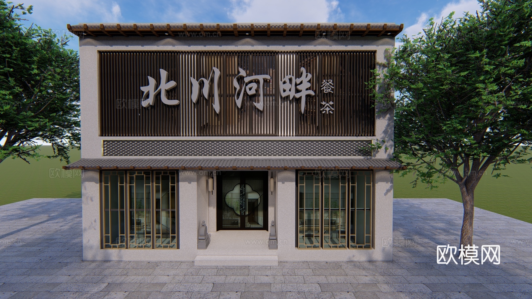 新中式茶餐厅门头门面su模型下载